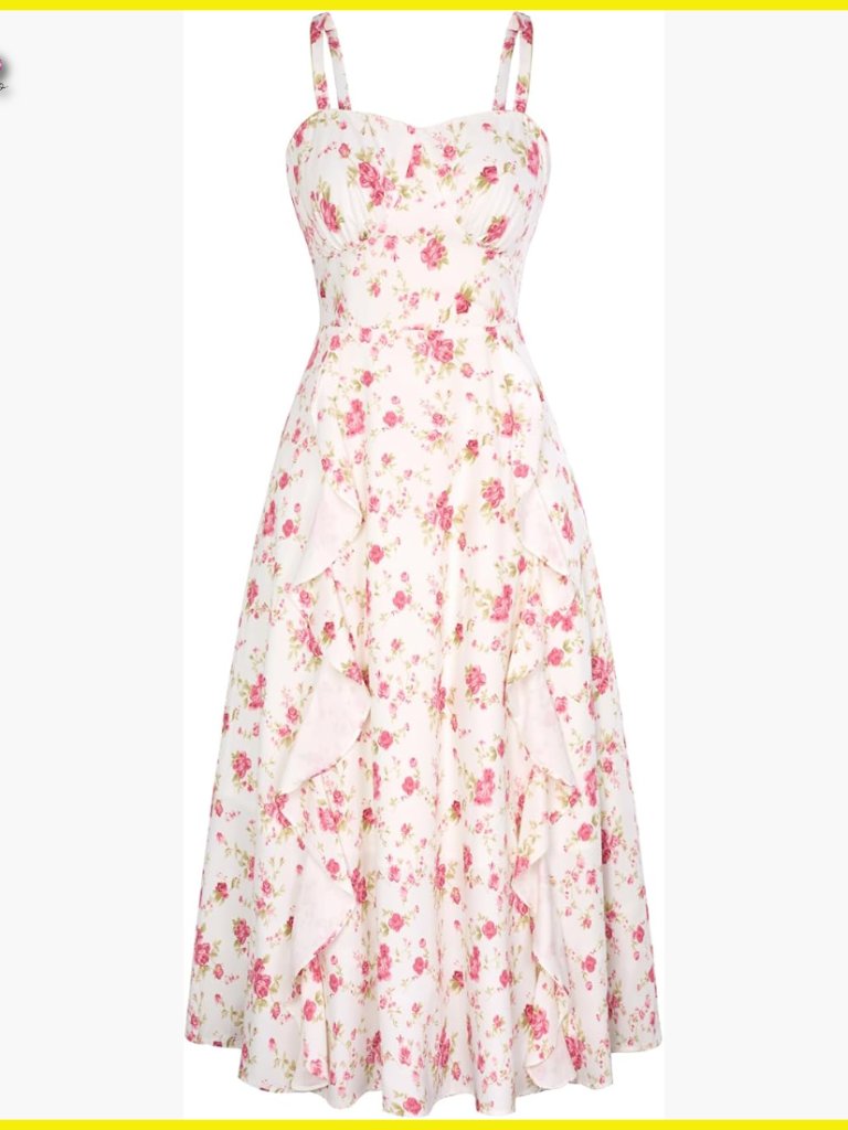 Floral Midi Sun Dress Boho Chic Flowy Spaghetti Strap Ruffle Wedding Guest